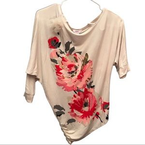 Candie’s Asymmetrical Cream & Pink Off-Shoulder Bay-Wing Sleeve Shirt in a Small